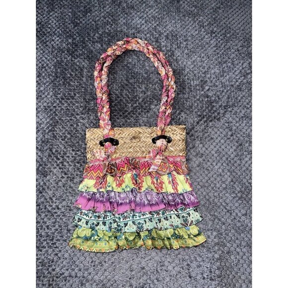 CAPPELLI Straworld Rattan and Multicolor Tiered Ruffles Double Top Handles Bag - Picture 2 of 16